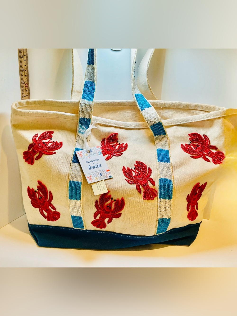 * Canvas Tote Bag with Blue & White Trim and Red Beaded Lobster Appliqués